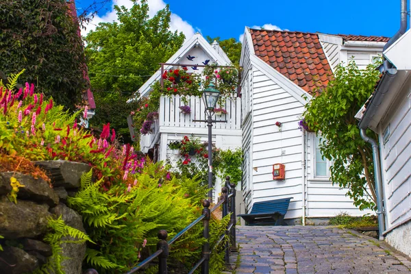 Rua velha com casas de madeira branca com telhados de azulejos no centavo — Fotografia de Stock