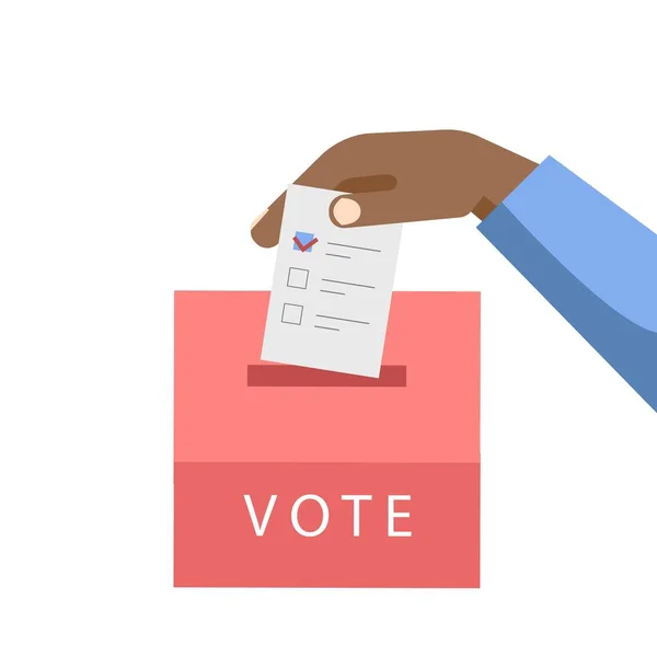 アフリカ系アメリカ人の手により 投票用紙は白地に隔離された投票箱に入れられた ベクトルフラットイラスト 選挙の概念 ランディングページ ウェブ バナー チラシ ポスター テンプレート用のデザイン — ストックベクタ