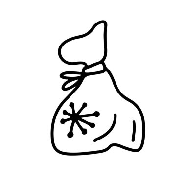 Beyaz arka planda izole edilmiş hediyeler içeren el çizimi karalama çantası. Vektör düz çizim. Xmas tatil kartları, afişler, posterler, web tasarımı için tasarım.