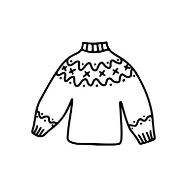 El çizimi sıcak kazak beyaz arka planda izole. Vektör çizgisi çizimi. Tebrik kartı, broşür, afiş, satış, pazar için tasarım