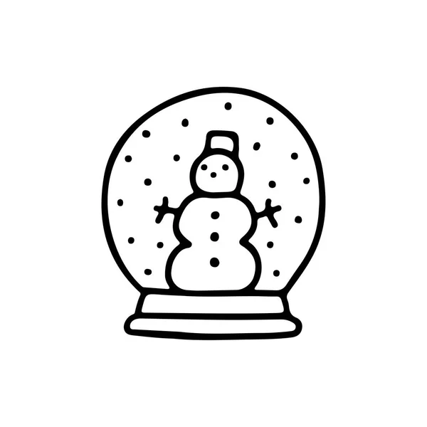 Handgezeichnete Doodle Schneekugel Mit Schneemann Isoliert Auf Weißem Hintergrund Vektorflache — Stockvektor