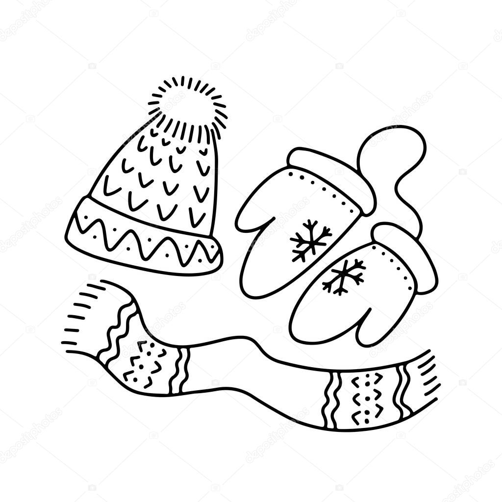 Hand drawn doodle winter  hat with pompom,  mittens with  snowflakes, scarf isolated on white background. Vector outline illustration. Design for greeting  card, flyer, banner, market