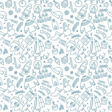 Mutlu Noeller çanı, top, şeker, melek, kardan adam, ağaç, karalama tarzında ateş. Vektör çizgisi çizimi. Tekstil, ambalaj, boyama sayfaları için tasarım