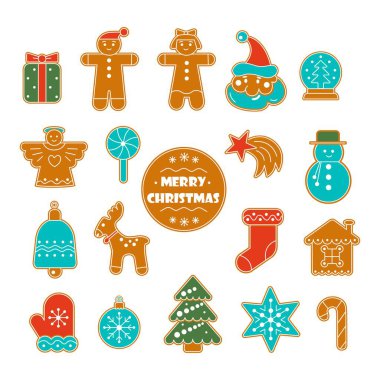 Kardan adam, hediye kutuları ve çorap, zencefilli çörek, zencefilli kurabiye, yıldızlar, çan, geyik, eldiven, jöleli kartopu. Vektör düz resimleme