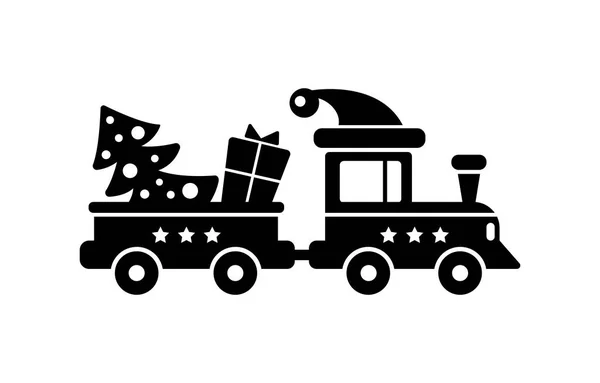 Черный Силуэт Игрушечный Поезд Повозка Рождественским Подарком Елка Шляпа Изолированы — стоковый вектор