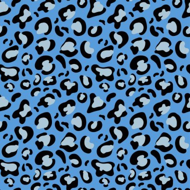 Mavi arka planda soyut vahşi hayvan derisi leopar desensiz desen tasarımı. Jaguar, leopar, çita, panter kürkü, kamuflaj arka planı. Paket, duvar kağıdı, tekstil için vektör illüstrasyon tasarımı