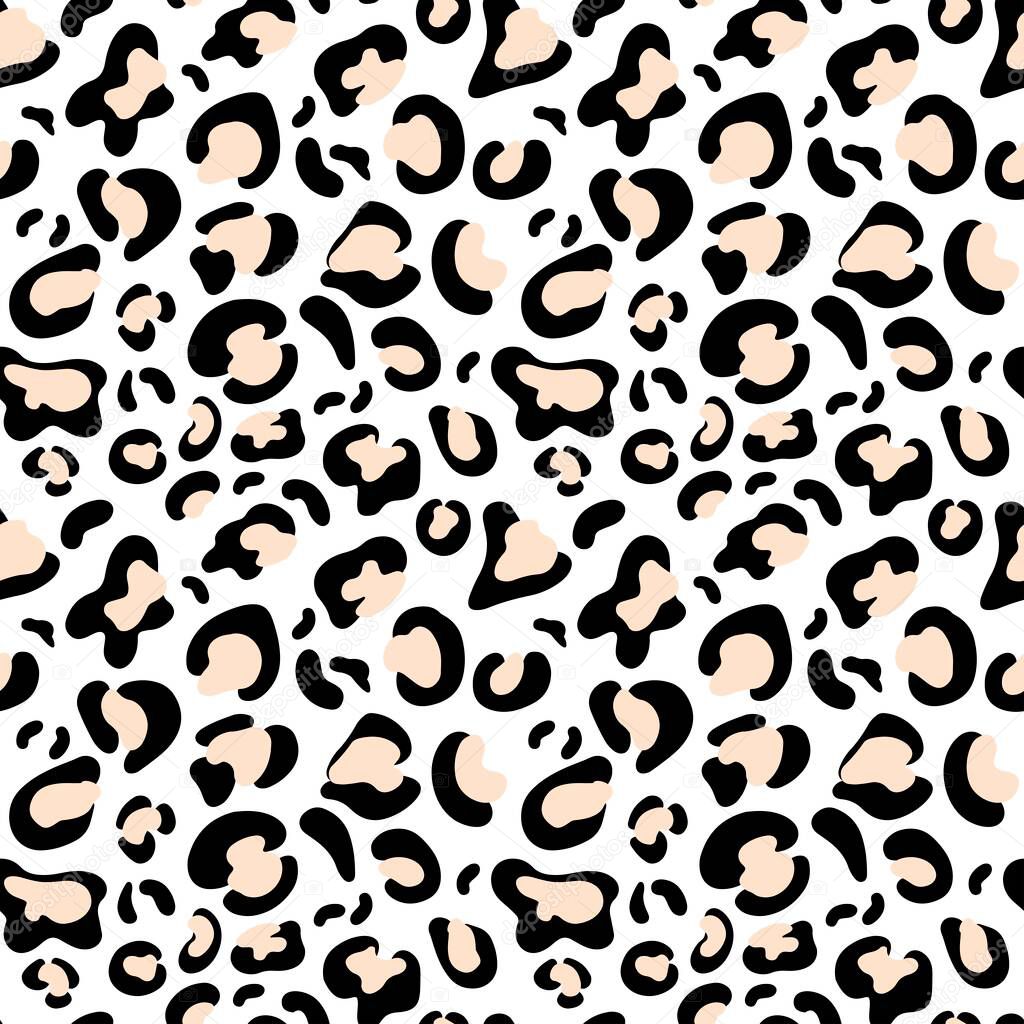 Abstract wild animal skin leopard seamless pattern design on white background. Jaguar, leopard, cheetah, panther fur, camouflage backdrop. Vector illustration design for wrapping, wallpaper, textile