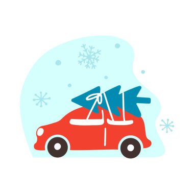 Mavi arka planda ağaç ve kar taneleri olan kırmızı bir Noel arabası. Vektör düz çizim. Tatil tebrik kartı, duvar sanatı, dekorasyon, süblimleşme baskısı, afiş, çıkartma için tasarım