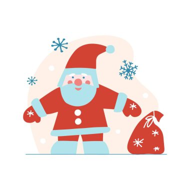 Noel Baba 'yla el çizimi Noel klubü, hediye çantası, bej arka planda kar taneleri. Vektör düz çizim. Tebrik kartı, afiş, ağ, çıkartma, poster, hediye etiketi ve etiketleri için tasarım