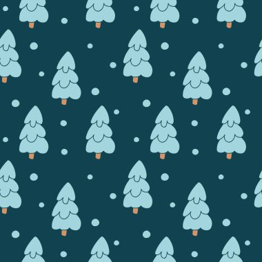Elle çizilmiş Noel deseni köknar ağacı ormanı, manzara, koyu mavi arka planda kar taneleri. Vektör düz çizim. Tekstil, ambalaj, duvar kağıdı, ambalaj, kumaş tasarımı