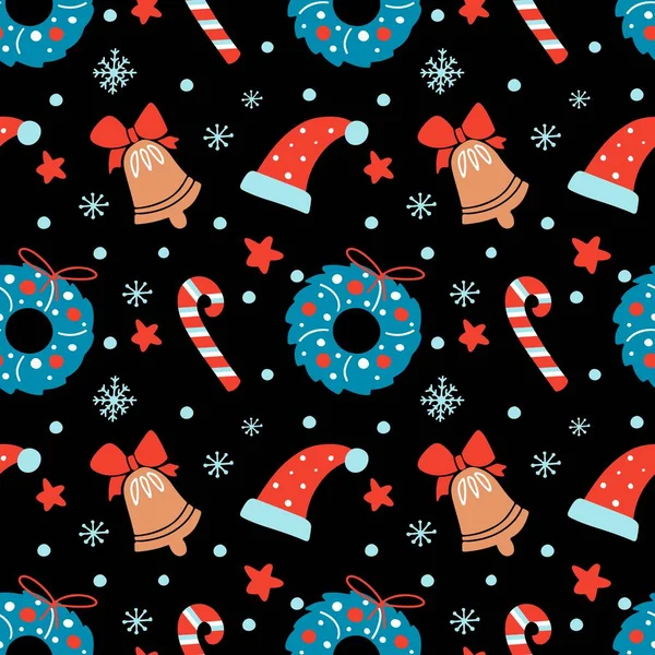 Handgezeichnetes Nahtloses Weihnachtsmuster Mit Blumenkranz Glocke Hut Stern Zuckerrohr Schneeflocke — Stockvektor