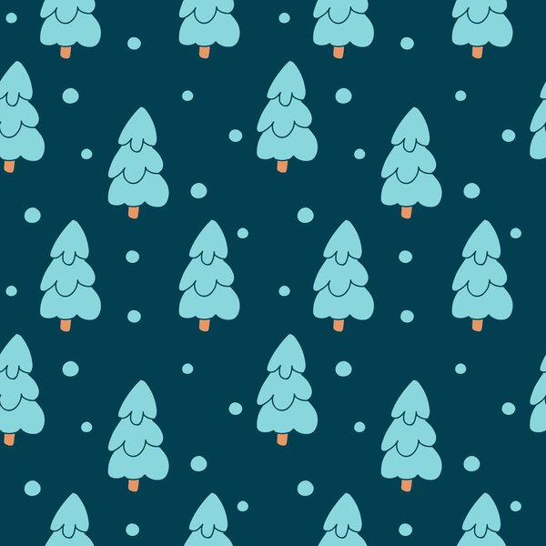 Ручной рисунок Рождество бесшовный узор с еловым лесом, пейзаж, снежинка на темно-синем фоне. Векторная плоская иллюстрация. Дизайн для текстиля, обертывания, обоев, упаковки и т.д.