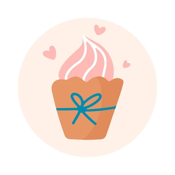 Clipart Cupcake Colorido Desenhado Mão Com Fita Corações Fundo Bege — Vetor de Stock