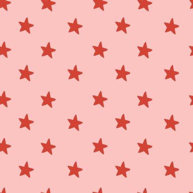 Pembe arka planda kırmızı yıldızlarla el çizimi, pürüzsüz desen. Düz biçimde vektör düz çizim. Tekstil, ambalaj, duvar kağıdı tasarımı