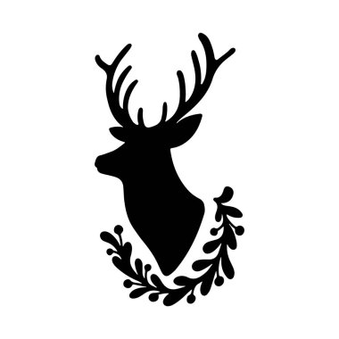 Beyaz arka planda izole edilmiş çiçek çelenkli Noel geyiği silueti. Yeni yıl zarif ren geyiği süsleme vektörü düz çizim. Pankart, tebrik kartı, tekstil tasarımı