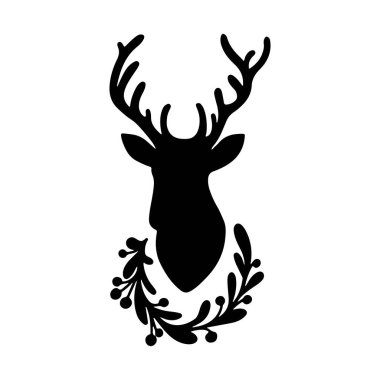 Beyaz arka planda izole edilmiş çiçek çelenkli Noel geyiği silueti. Yeni yıl zarif ren geyiği süsleme vektörü düz çizim. Pankart, tebrik kartı, tekstil tasarımı