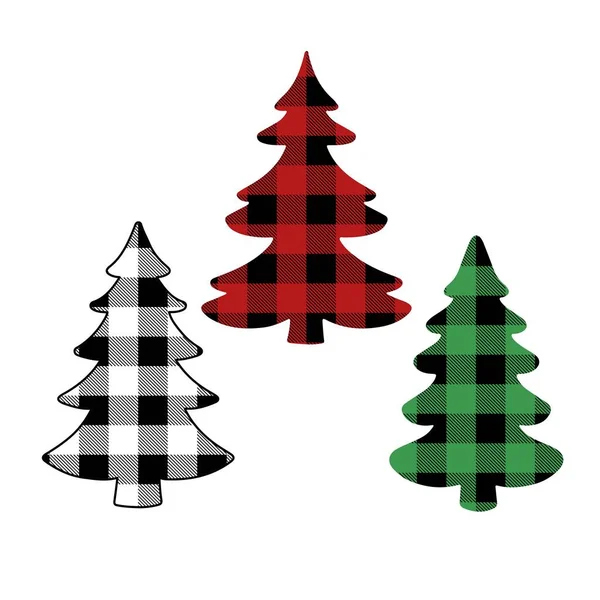 バッファローで設定されたクリスマスツリーは 白で装飾を果たした タータンはお祝いの背景を演じた グリーティングカード パターン バナーのデザイン ベクトル平図 — ストックベクタ
