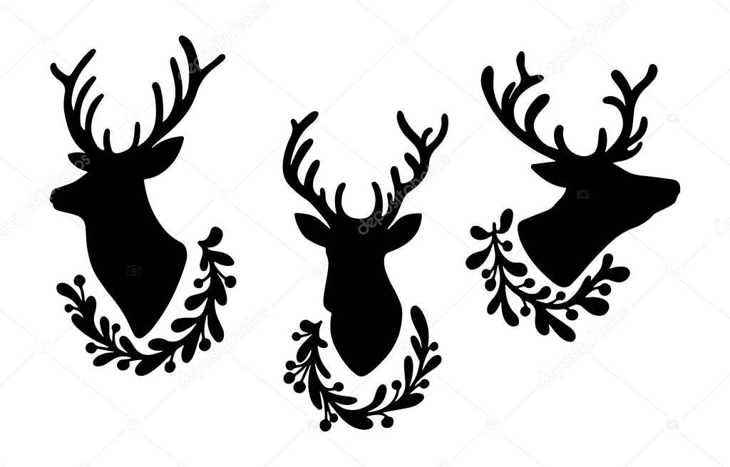 Set of  Christmas deer silhouette with floral wreath isolated on white background. New Year elegant winter reindeer decoration Vector flat illustration. Design for banner, greeting card, textile