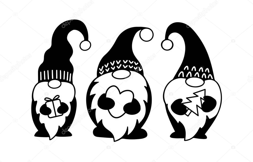 Cute Christmas gnomes silhouette isolated on white background. Holiday symbol. Design for greeting card, pattern, banner.  Vector flat illustration.