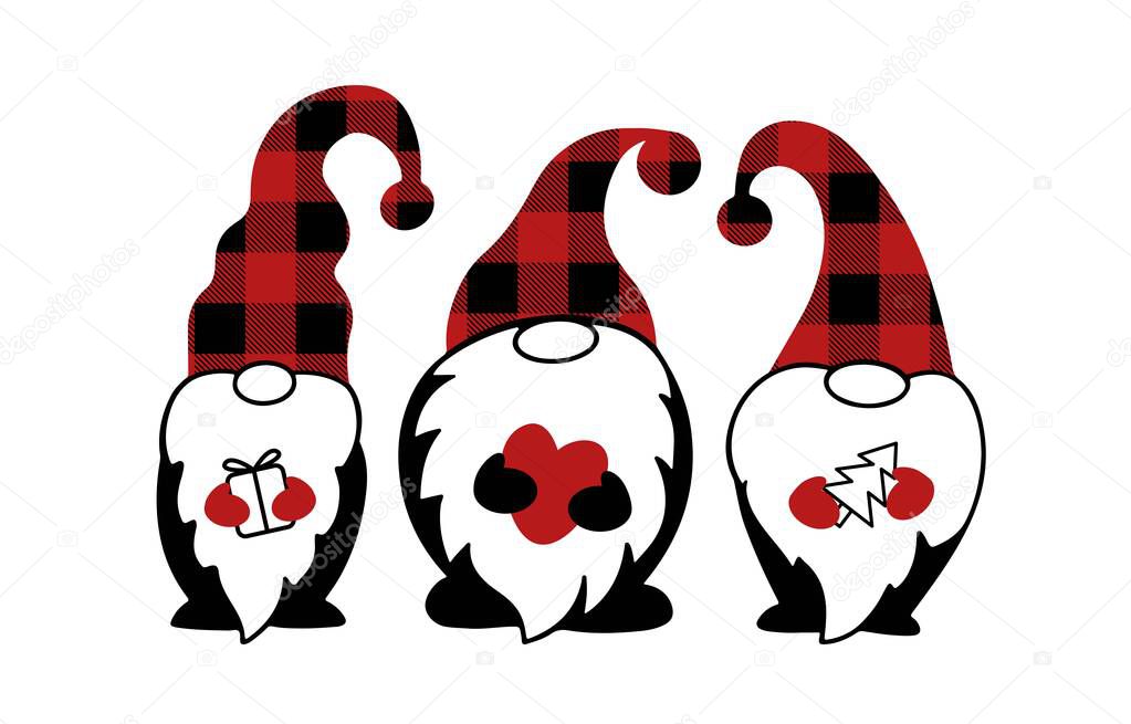 Cute Christmas gnomes in Buffalo Plaids print isolated on white background. Holiday symbol. Design for greeting card, pattern, banner.  Vector flat illustration.
