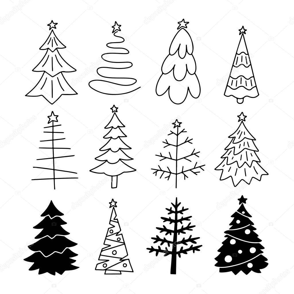 Hand drawn set doodle Christmas Trees isolated on white background. Vector outline illustration. Design for holiday cards, backgrounds, ornaments, decoration, banner, flyer