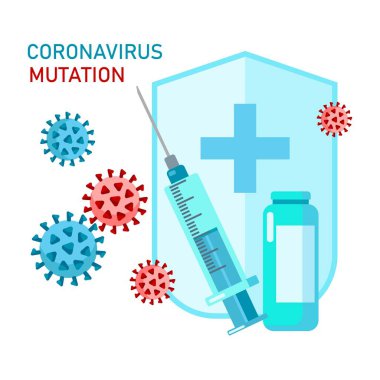 Beyaz arka planda, şırıngalı, kalkanlı, aşı vektör resimli virüs mutasyonları. Yeni koronavirüs mutasyonu, salgın hastalık. Sağlık, tıbbi tasarım, iniş sayfası