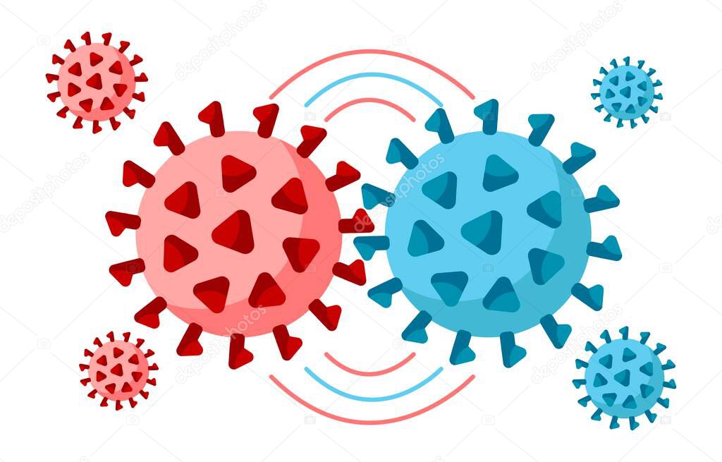 Virus cell mutations process vector illustration isolated on white background. New virus mutation of coronavirus, hantavirus,  pandemic. Concept for health, medical design, landing page