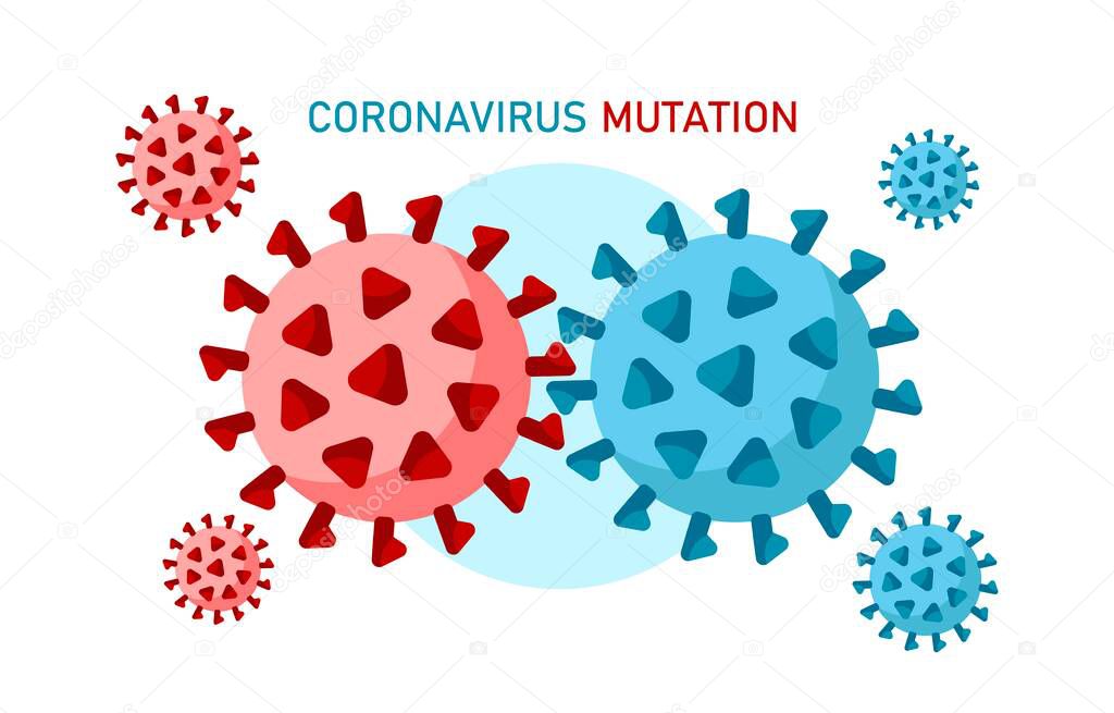 Virus cell mutations process vector illustration isolated on white background. New virus mutation of coronavirus, hantavirus,  pandemic. Concept for health, medical design, landing page