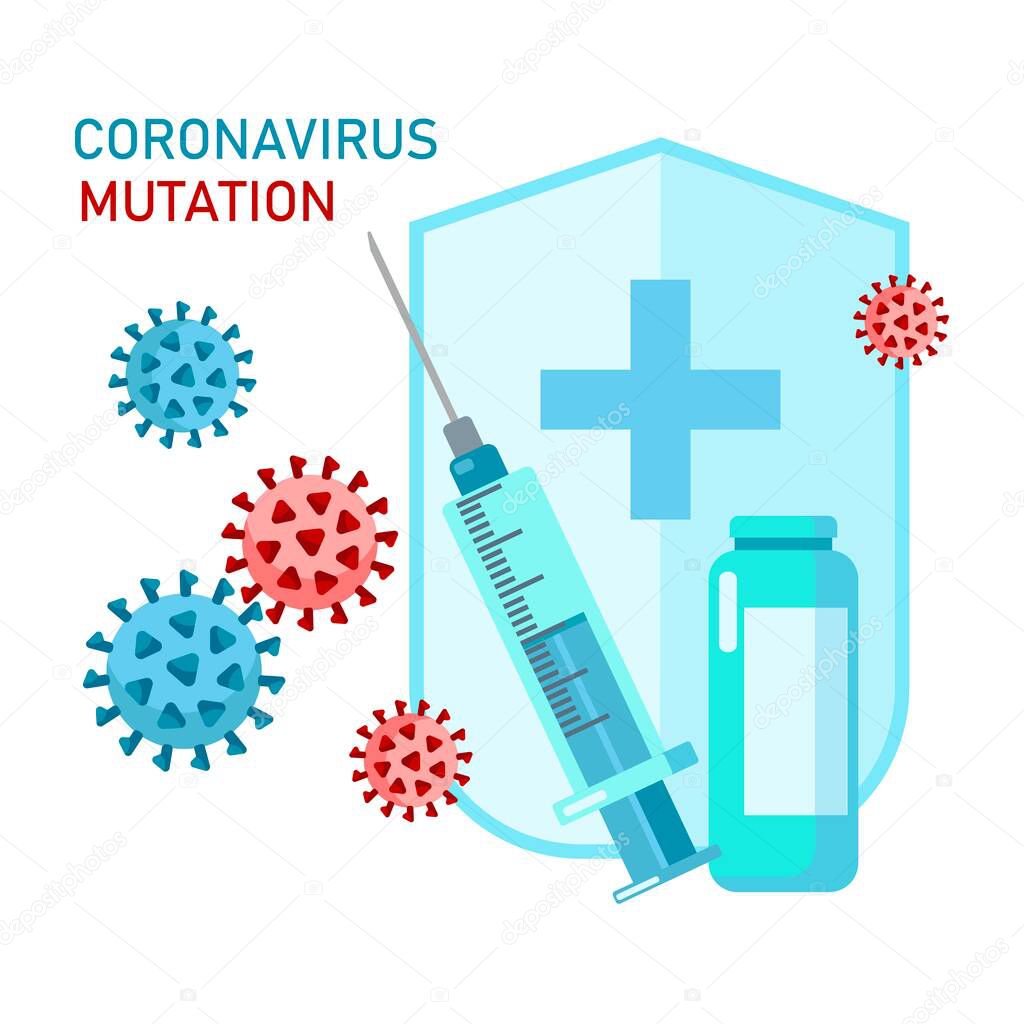 Virus mutations with syringe, shield, vaccine vector illustration isolated on white background. New virus mutation of coronavirus,  pandemic. Concept for health, medical design, landing page