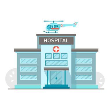 Helikopterli şehir hastanesi binası, düz dizaynlı ağaçlar. Tıbbi konsept. Vektör çizimi. Bilgi kaynakları, arkaplan, iniş sayfası için tasarım