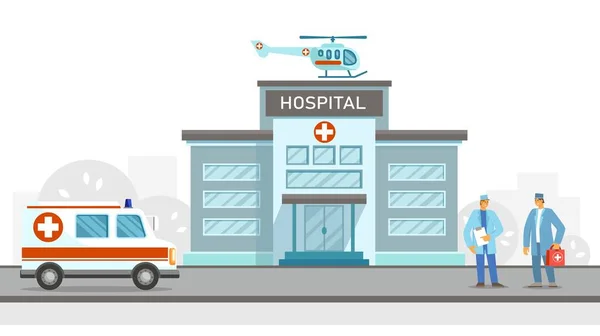 Edificio Del Hospital Ciudad Con Coche Ambulancia Helicóptero Doctores Masculinos — Archivo Imágenes Vectoriales