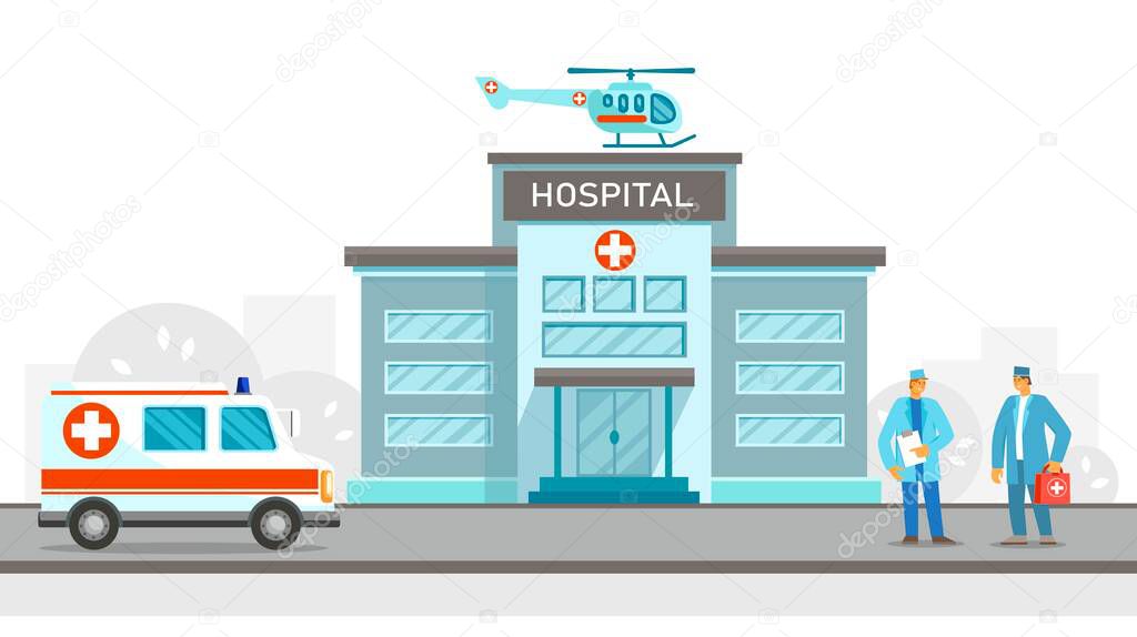 City hospital building with ambulance car, helicopter, male doctors in flat design. Medical concept. Vector illustration. Design for infographic resources, background, landing page