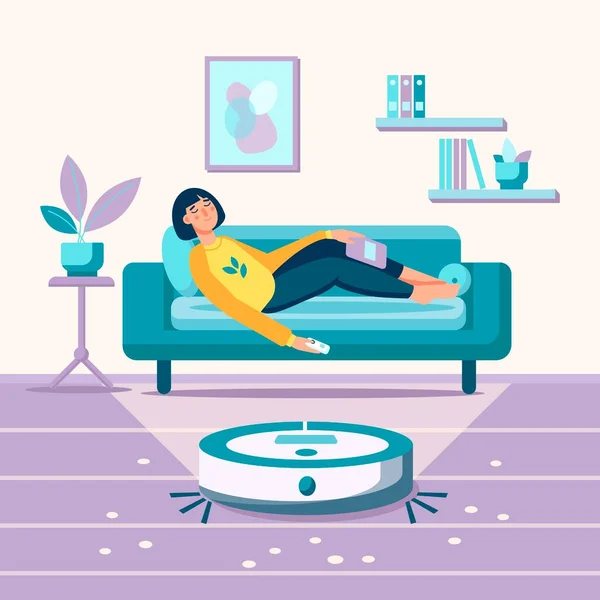 Young Woman Sleeping Relaxing Sofa Robot Vacuum Cleaner Room Modern — Stock Vector