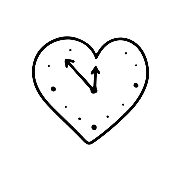 白い背景に隔離されたドードルスタイルでハート型のバレンタインデークロックを手描き ベクトルアウトライン図 グリーティングカード バナー ウェブ ステッカーのデザイン — ストックベクタ