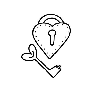 El çizimi Sevgililer Günü kalp kilidi ve karalama tarzında beyaz arka planda izole edilmiş anahtar. Vektör çizgisi çizimi. Tebrik kartı, afiş, ağ, etiket, boyama sayfaları için tasarım