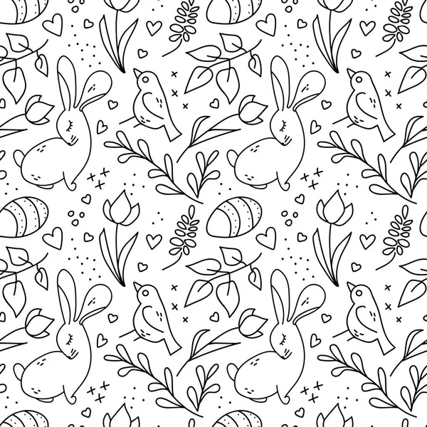 ハート ウサギ チューリップ 枝が白い背景に隔離されたイースターかわいいドアシームレスなパターン ベクトルイラスト 休日のカードのためのロマンチックな背景 ギフト包装紙 — ストックベクタ