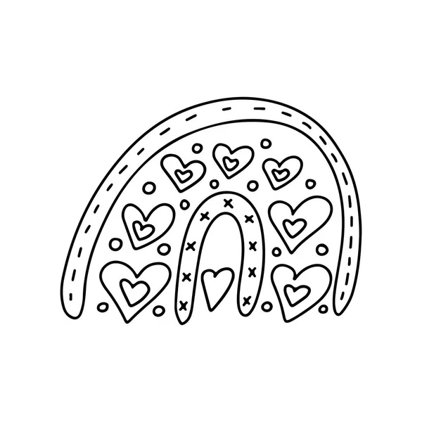 手描きのバレンタインデーの虹白を背景に隔離されたドードルスタイルで心を持つ ベクトルアウトライン図 グリーティングカード バナー ウェブ ステッカー ぬり絵のデザイン — ストックベクタ