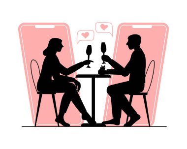 Online randevu, sanal aşk ve sosyal mesafeler, akıllı telefon uygulaması üzerinden görüntülü sohbet. İnternette romantik bir eş arayan erkek ve kadın. Online flört konsepti. Pankart için tasarım