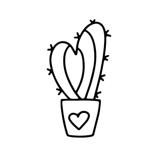 Cactus San Valentín Dibujado Mano Maceta Con Corazón Estilo Garabato — Vector de stock