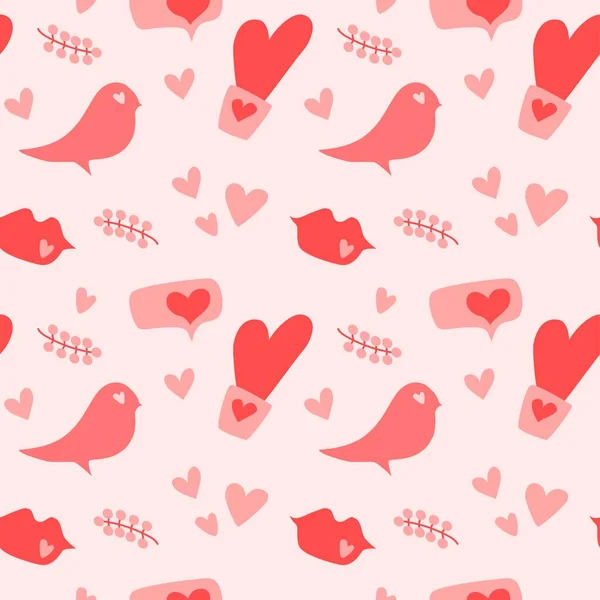 Valentine Day Cute Seamless Pattern Heart Bird Branch Lips Message — Stock Vector