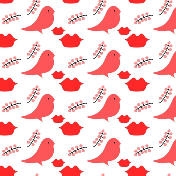 Valentine Day Cute Seamless Pattern Heart Bird Branch Lips Vector — Stock Vector