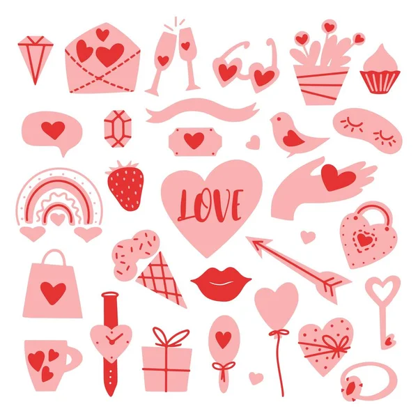 Día San Valentín Conjunto Con Lindo Corazón Amor Flor Joya — Vector de stock