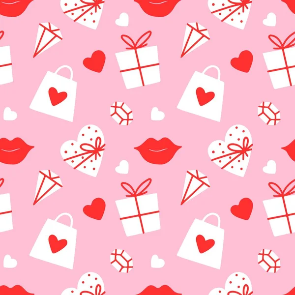 Seamless Vector Pattern Valentines Day Heart Bag Gift Box Lips — Stock Vector