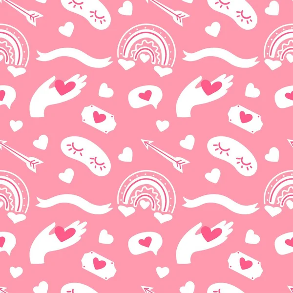 シームレスベクトルパターンピンクの背景にハート リボン 矢印とバレンタインデー テキスタイル ファブリック ラッピング カード 招待状のためのデザイン — ストックベクタ