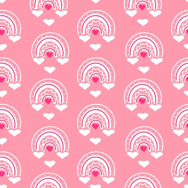 Seamless Pattern Valentines Day Heart Rainbow Pink Background Vector Flat — Stock Vector