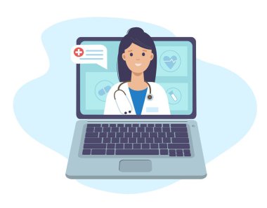 Bilgisayarında steteskop olan doktor. Çevrimiçi tıbbi danışmanlık ve aile doktoru ile çevrimiçi destek. Sağlık hizmetleri. Klinik web sitesi, broşür, kart için vektör