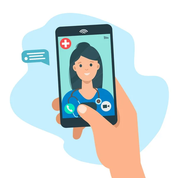 Consulta Médica Online Suporte Mão Segurando Tela Smartphone Com Terapeuta —  Vetores de Stock