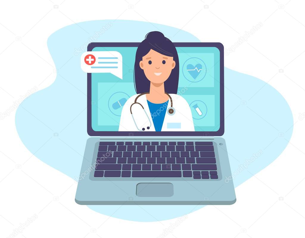 Doctor with stethoscope on the laptop screen. Online medical consultation and support online with family female doctor. Healthcare services. Vector for clinic web site, flyer, card
