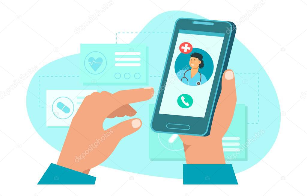 Hand holding smartphone with female doctor on call and an online consultation. Vector flat illustration. Online medical advise or consultation service. Design for landing page, flyer, card