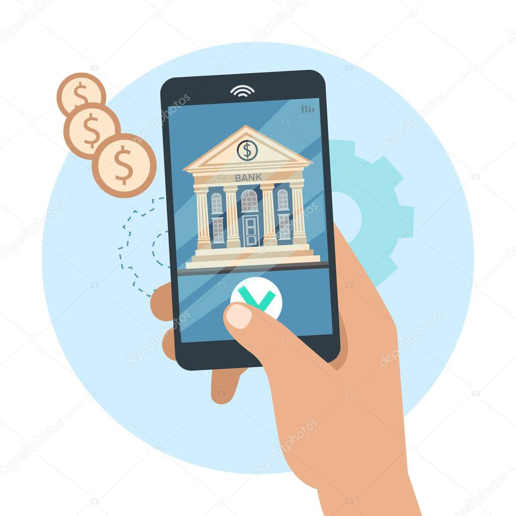 Mobile banking and online payment concept. Hand holding smartphone screen with bank, money, gears on blue background. Vector flat illustration. Online banking, finance and technology.